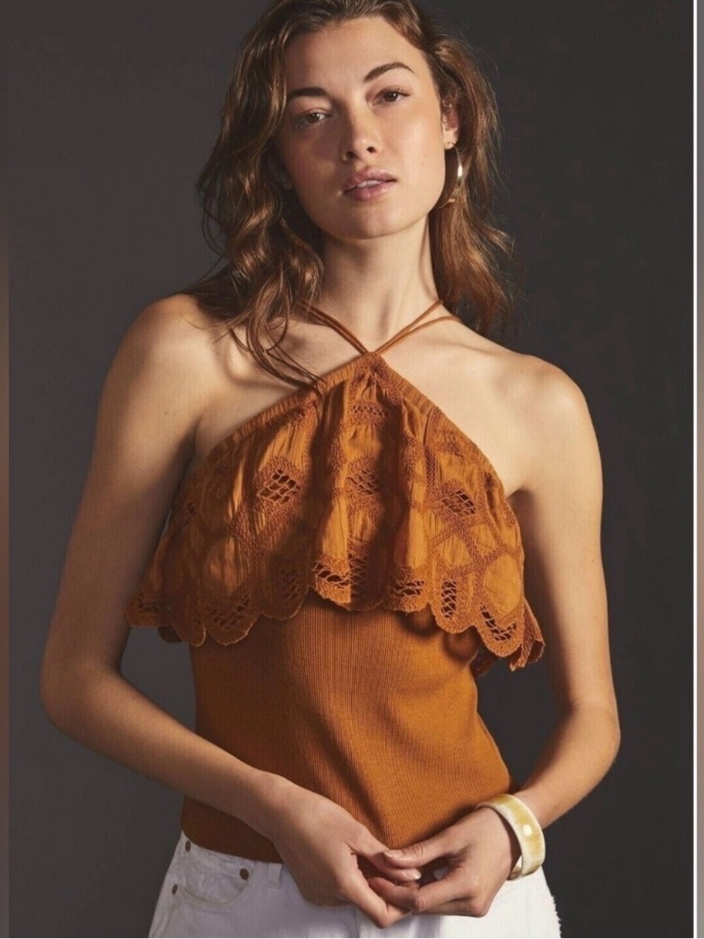 Anthropologie Rust Orange Lace Halter Top